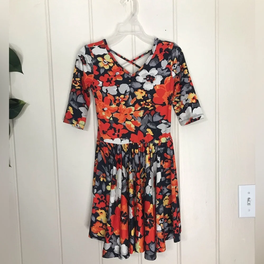 Girls Dot Dot Smile Multicolor Round Neck Graphic Flower Floral Dress 5 / 6 XS